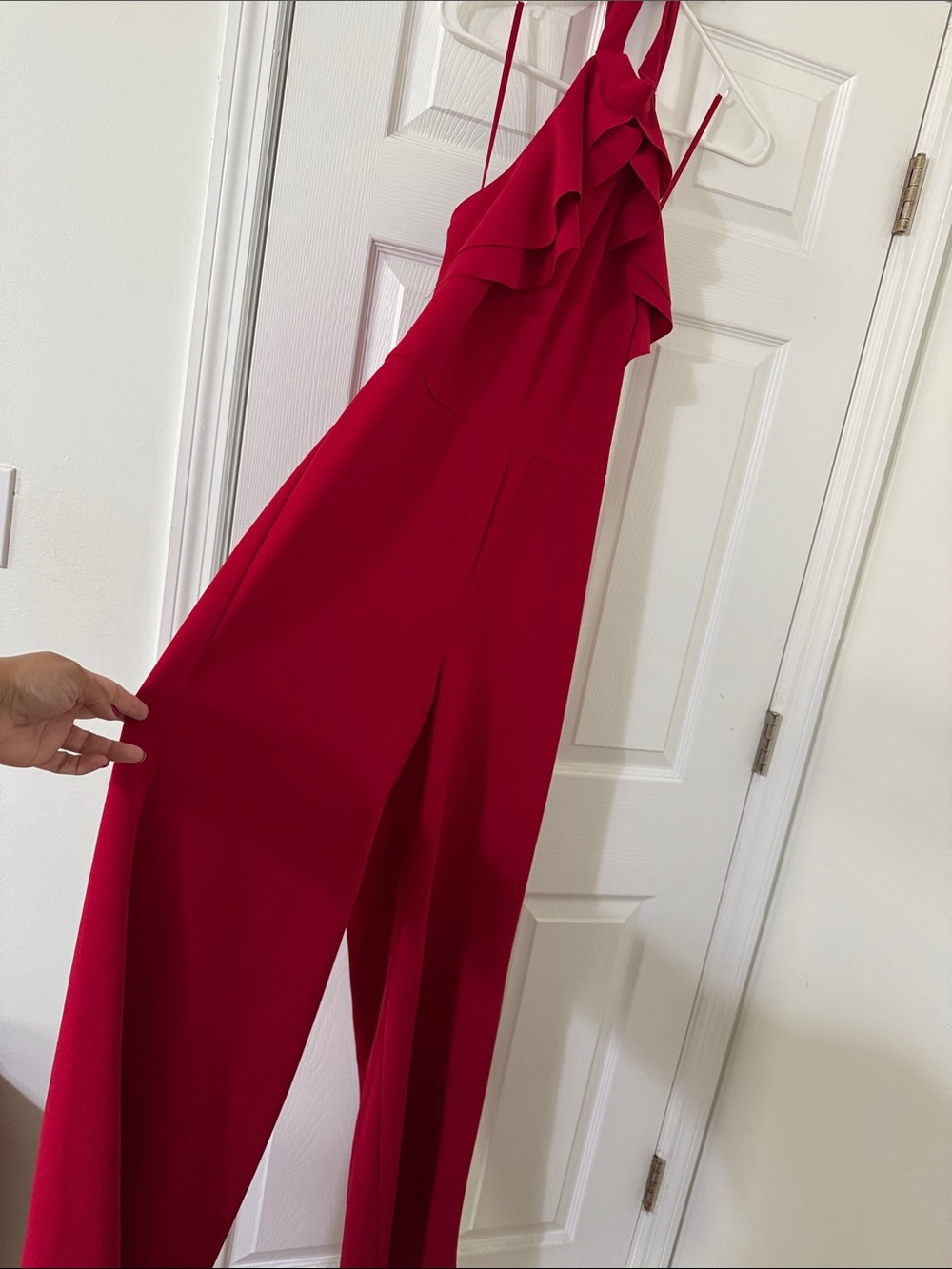 bebe Red Halter Ruffle Jumpsuit